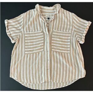 Universal Thread Tan White Striped Linen Blend Button Down Shirt Medium 1367